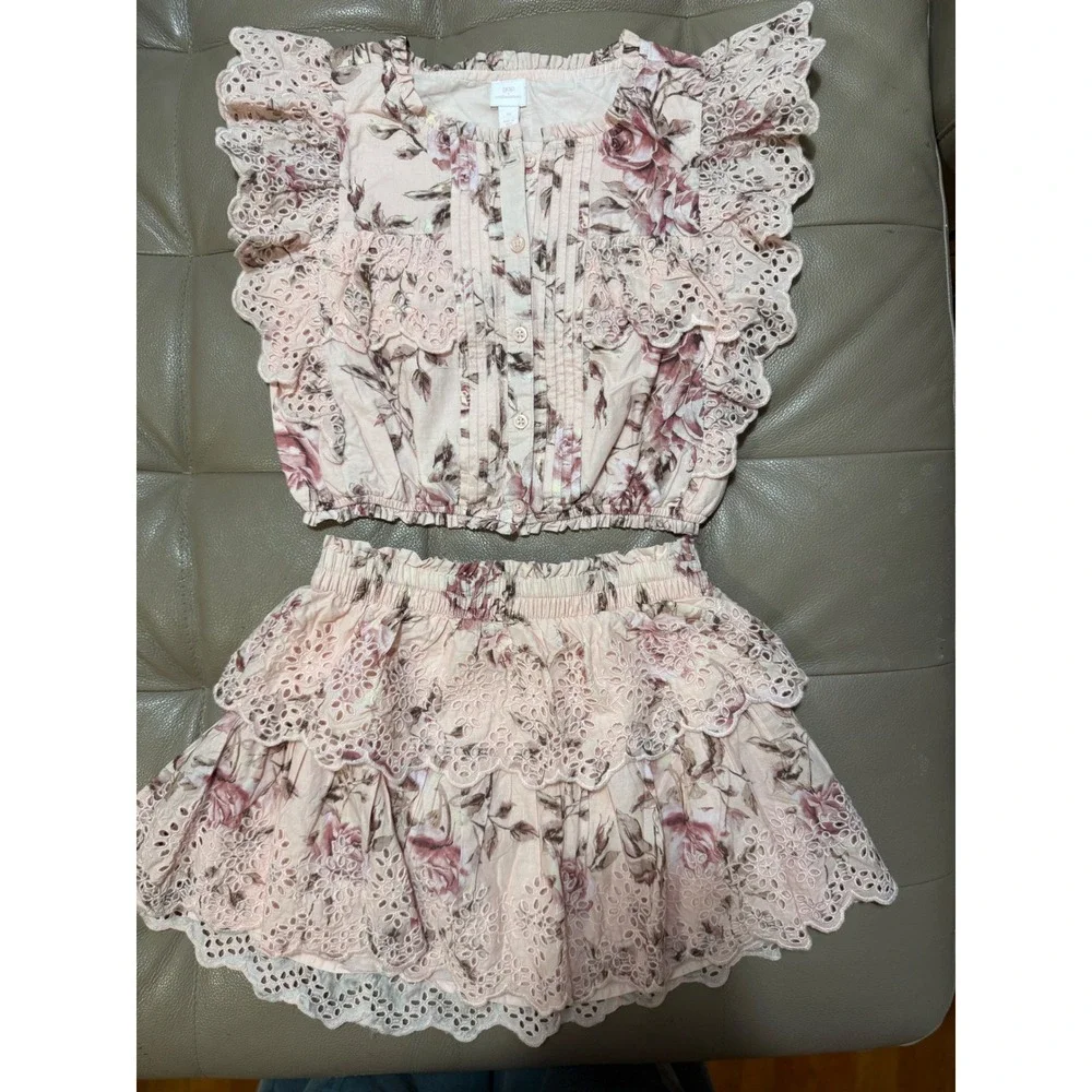 Gap x LoveShackFancy Kids Floral Eyelet Top and Skirt Set Pink Rose Size M 8-9